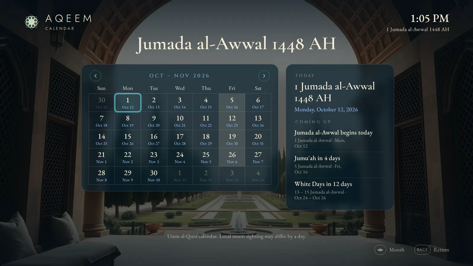 The Hijri calendar for Jumada al-Awwal 1448 AH with the Gregorian dates under each day, and what's coming up: Jumu'ah and the White Days.