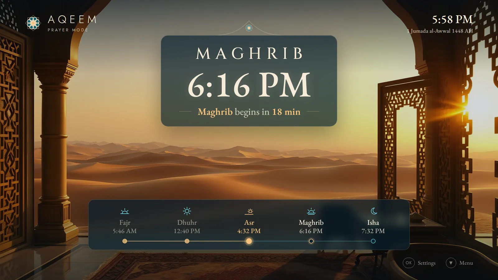 Prayer Mode: a glass card reads Maghrib, 6:16 PM, Maghrib begins in 18 min; below it the day's prayers from Fajr 5:46 AM to Isha 7:32 PM.